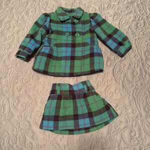Baby GAP Green & Blue Plaid Peacoat Coat and Matching Skirt, 18-4 months